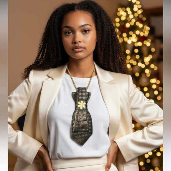 Dainty Dapper Designs Jewelry - “Dainty Dapper”Brown Patterned Necktie Necklace with Flower Accent